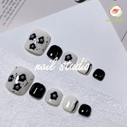 Black and White Floral Press-On Toe Nails with Pearl Accents