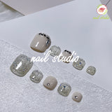 Sparkling Silver Glitter and Rhinestone Press-On Toe Nails