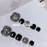 Glamorous Black and Silver Rhinestone Press-On Toe Nails