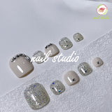 Sparkling Silver Glitter and Rhinestone Press-On Toe Nails