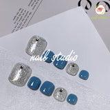 Elegant Blue and Silver Glitter Press-On Toe Nails with Gold Accents