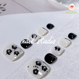 Black and White Floral Press-On Toe Nails with Pearl Accents